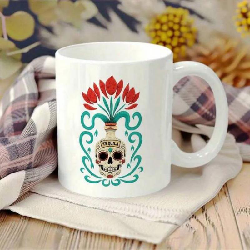 Tailorly White Ceramic 11 oz Mug - Tequila Intricate Traditional Mexican Decorative Bottle With Vibrant Red Tulips Sugar Skull