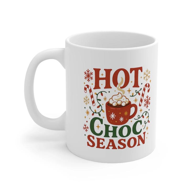 Tailorly White Ceramic 11 oz Mug - Hot Choc Season Cozy Red Cup With Marshmallows Surrounded By Festive Winter Elements Mug