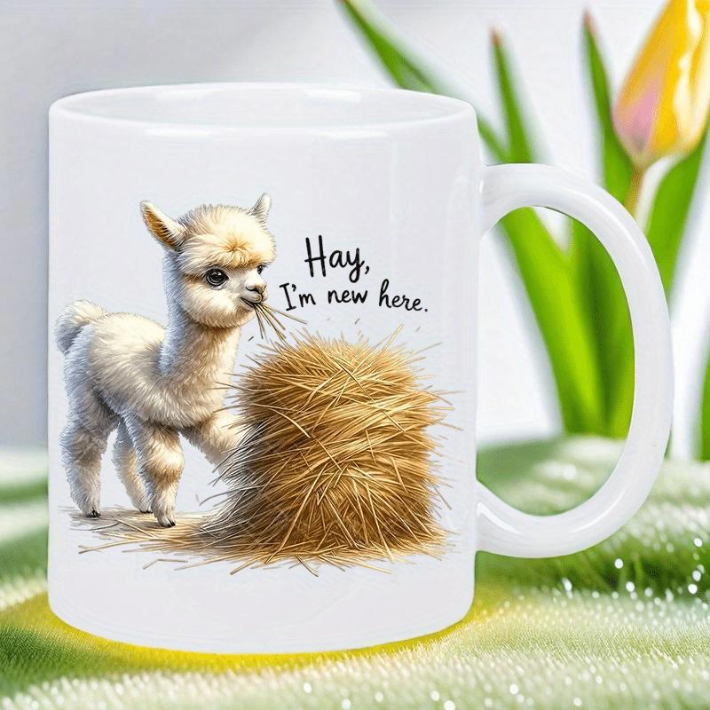 Tailorly White Ceramic 11 oz Mug - Hay Im New Here Fluffy White Animal With Hay In Mouth Standing Beside A Golden Pile Alpaca