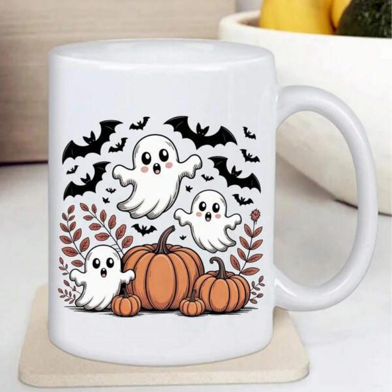 Tailorly White Ceramic 11 oz Mug - Cute Little Ghosts Floating Among Black Bats And Autumn Harvest Pumpkins Ghost