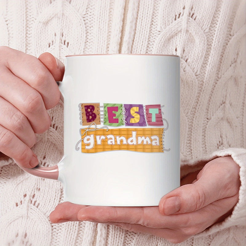 Tailorly White Ceramic 11 oz Mug - Best Grandma Colorful Hand Stitched Fabric Patchwork Squares With Decorative Artistic Pattern Sign