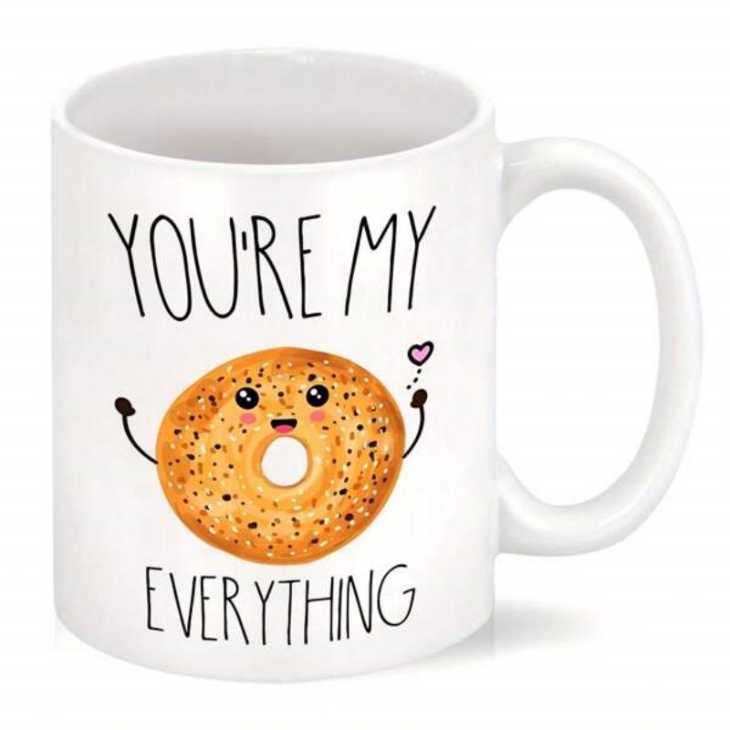 Tailorly White Ceramic 11 oz Mug - You Re My Everything Cute Cartoon Bagel Character Raising Arms Beside Little Heart Bagel