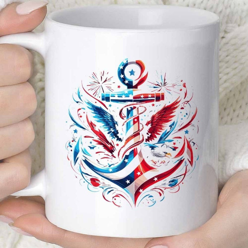Tailorly White Ceramic 11 oz Mug - Patriotic American Flag Motifs With Eagle Wings And Swirling Stars Decorative Anchor