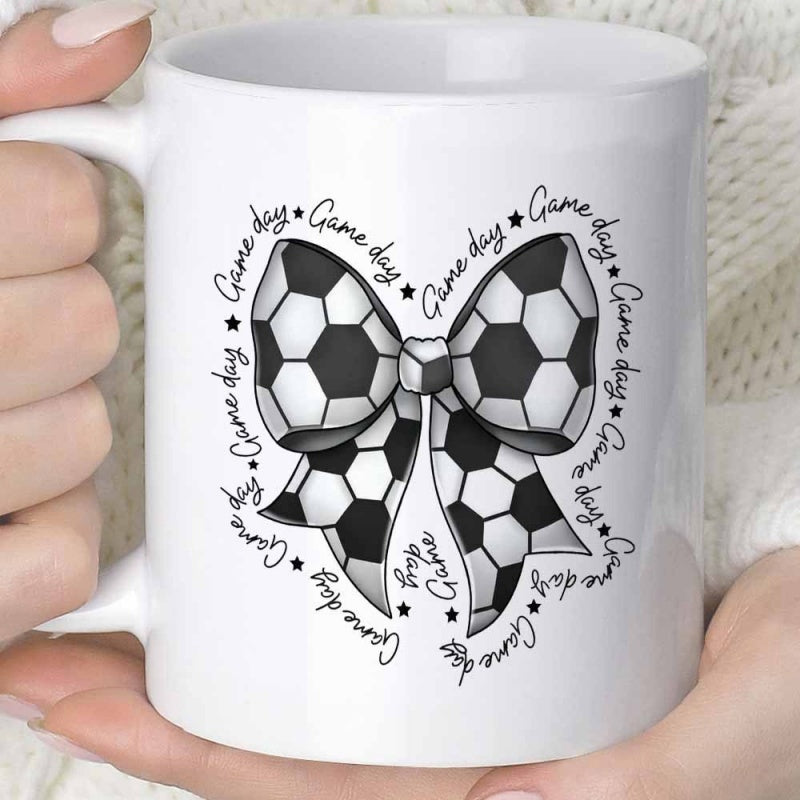 Tailorly White Ceramic 11 oz Mug - Game Day Stylish Sporty Ornament Featuring Classic Soccer Ball Pattern Hexagon Bow