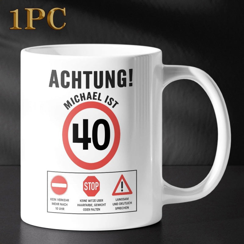 Tailorly White Ceramic 11 oz Mug - Red Traffic Warning Symbols With Bold Circular Sign For Milestone Celebration Mug