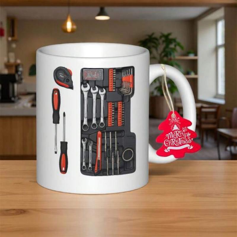 Tailorly White Ceramic 11 oz Mug - Realistic Set Of Professional Hand Tools Organized Within A Black Toolkit