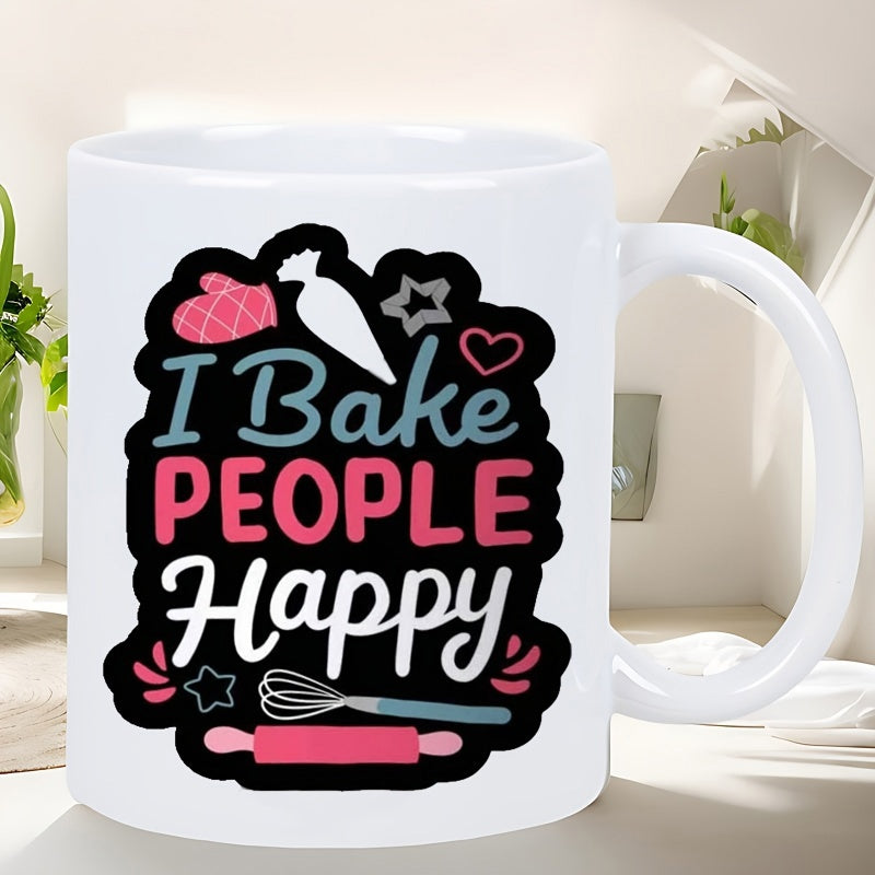 Tailorly White Ceramic 11 oz Mug - I Bake People Happy Whisk And Rolling Pin Surrounded By Stars And Hearts Rolling Pin