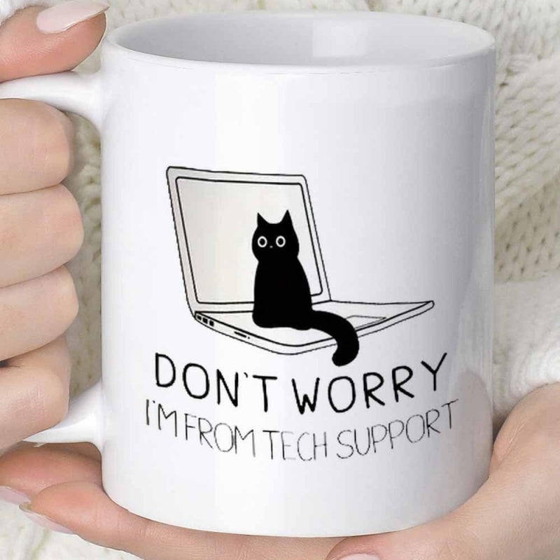 Tailorly White Ceramic 11 oz Mug - Don't Worry I'm From Tech Support Playful Black Kitten Sitting Before An Open Minimalist Laptop Cat