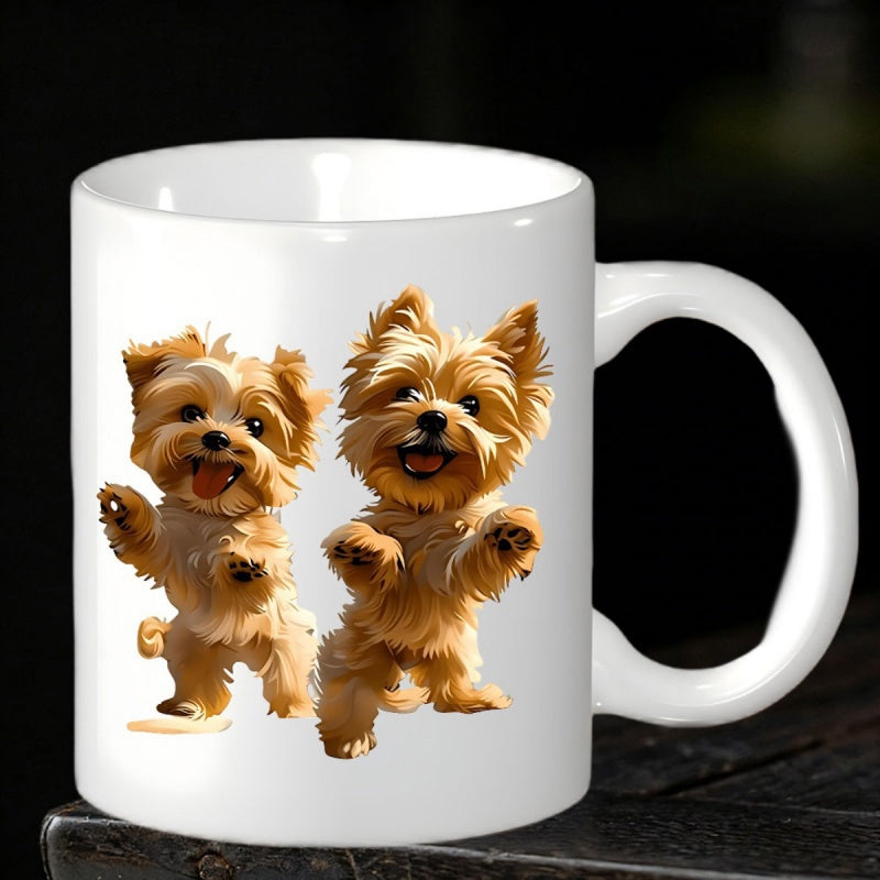 Tailorly White Ceramic 11 oz Mug - Two Playful Small Fluffy Dogs Standing Upright On A Plain White Surface Dogs