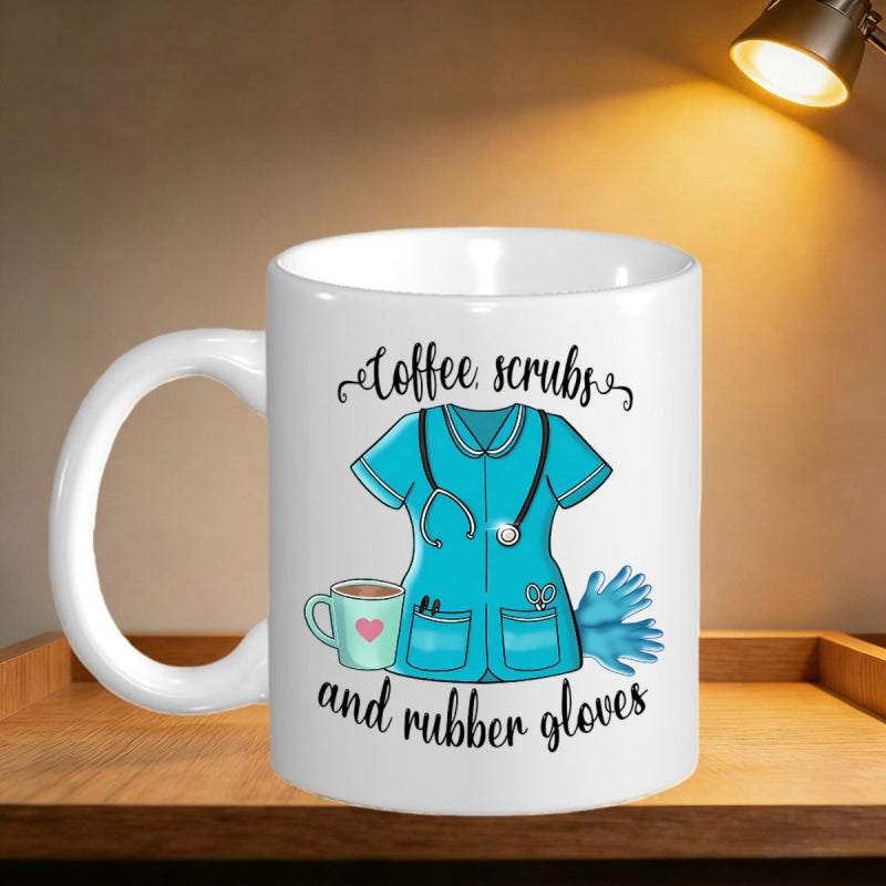 Tailorly White Ceramic 11 oz Mug - Coffee Scrubs And Rubber Gloves Teal Medical Uniform Featuring Stethoscope And Protective Blue Rubber Scrub Top