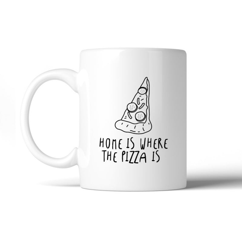 Tailorly White Ceramic 11 oz Mug - Home Is Where The Pizza Is Minimalist Hand Drawn Line Art Featuring Delicious Pepperoni Pizza