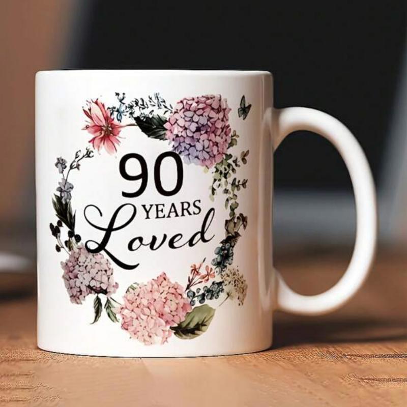Tailorly White Ceramic 11 oz Mug - 90 Years Loved Vibrant Blooming Garden Flowers Within A Decorative Elegant Circular Botanical Wreath