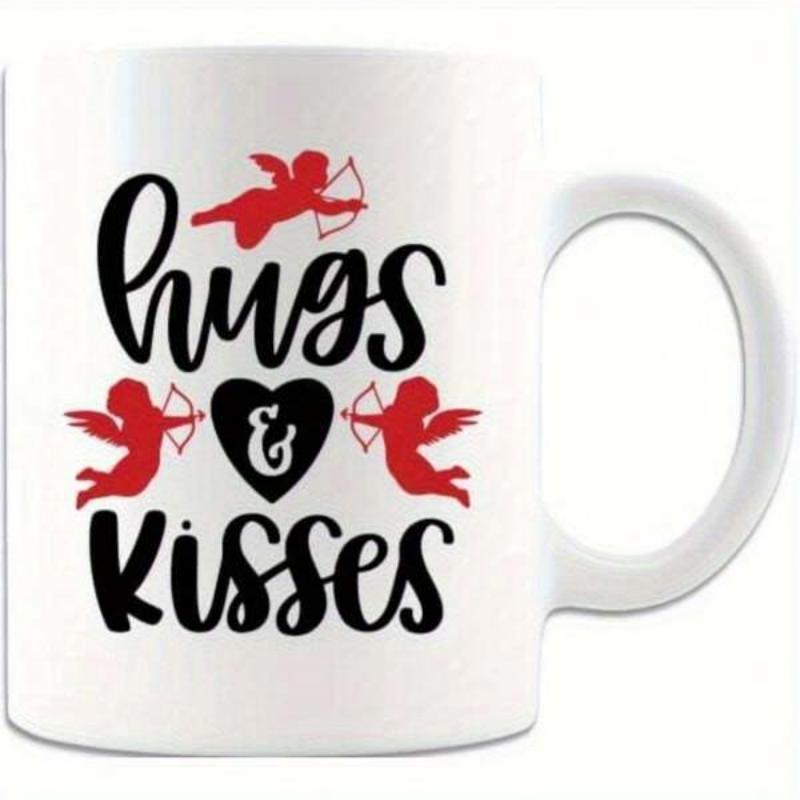 Tailorly White Ceramic 11 oz Mug - Hugs Kisses Romantic Red Silhouette Cupids Flying Around A Heart Mug