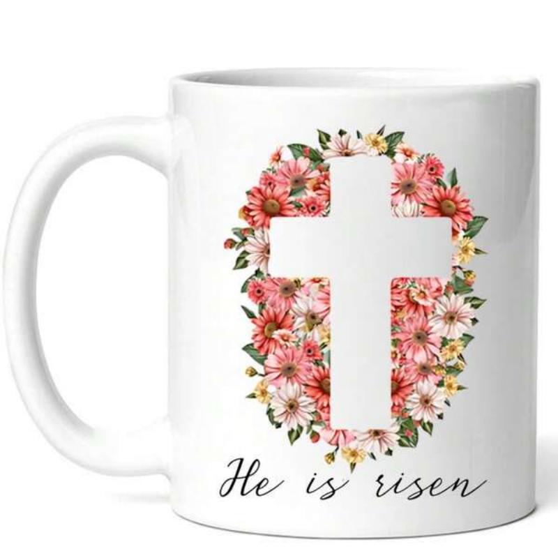 Tailorly White Ceramic 11 oz Mug - He Is Risen Beautiful Floral Wreath Surrounded By Pink Spring Blooming Petals Cross