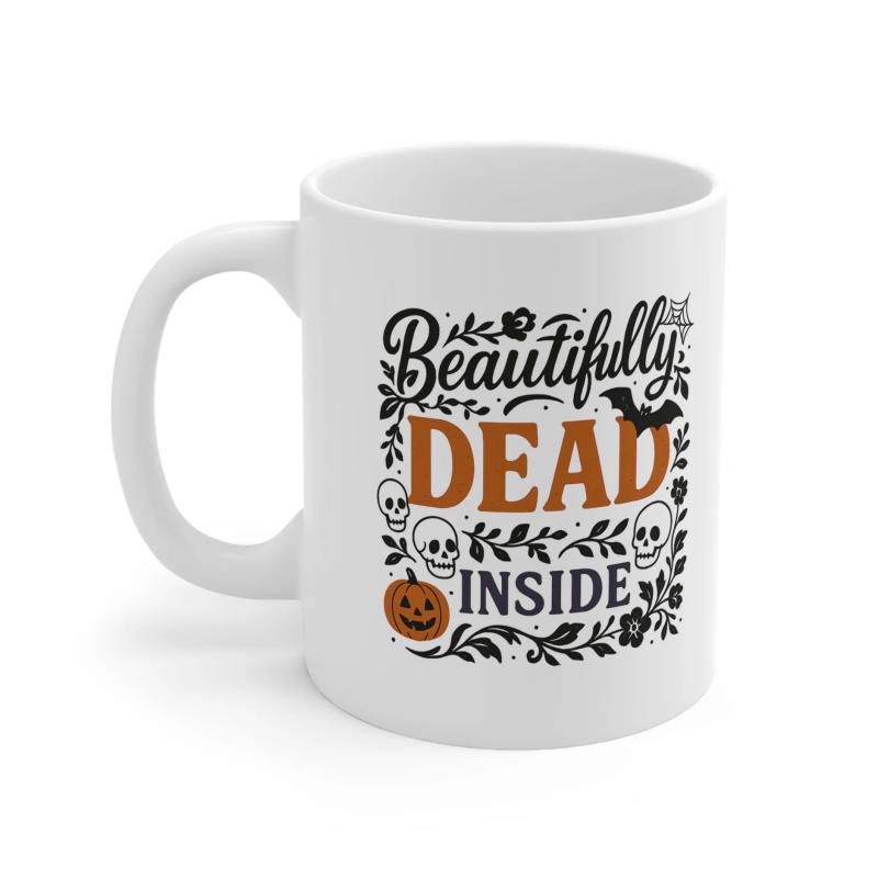 Tailorly White Ceramic 11 oz Mug - Beautifully Dead Inside Spooky Halloween Pattern With Pumpkins Bats And Decorative Floral Leaves Skull
