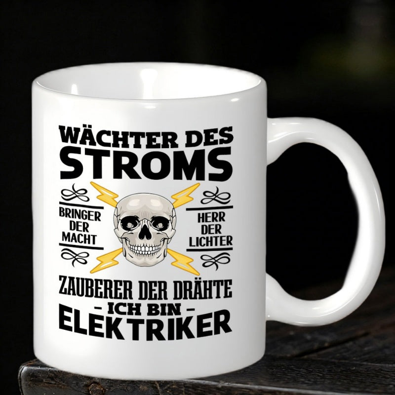 Tailorly White Ceramic 11 oz Mug - Bold Detailed Human Skull Among Crossing Yellow Electric Lightning Bolts Skull