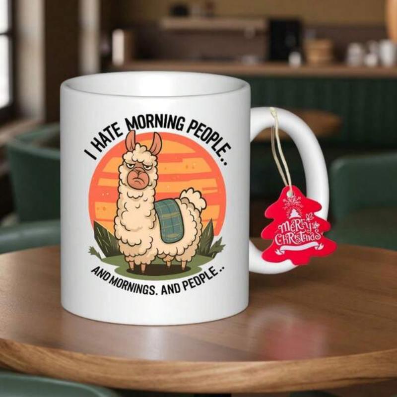 Tailorly White Ceramic 11 oz Mug - I Hate Morning People And Mornings And People Grumpy Fluffy Animal Standing Under Vibrant Retro Sunset Llama