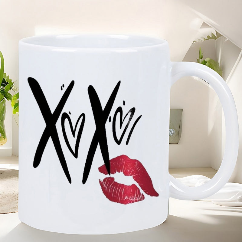 Tailorly White Ceramic 11 oz Mug - Xoxo Artistic Brush Strokes With Small Hearts And Vivid Red Kiss Mark Lips