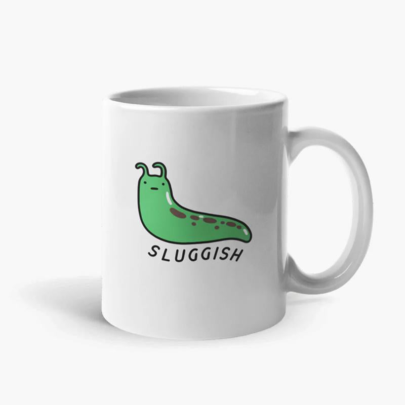 Tailorly White Ceramic 11 oz Mug - Sluggish Cute Cartoon Green Minimalist Small Garden Creature Resting Peacefully Slug