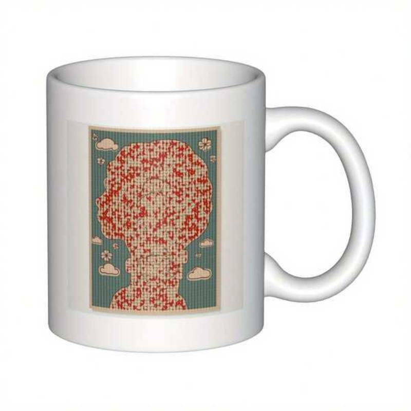 Tailorly White Ceramic 11 oz Mug - Floral Patterned Female Silhouette Floating Among Tiny Clouds In Teal Sky Portrait