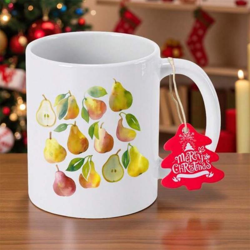 Tailorly White Ceramic 11 oz Mug - Merry Christmas Watercolor Style Various Fruit Illustration With Green Leaves Surface Pear