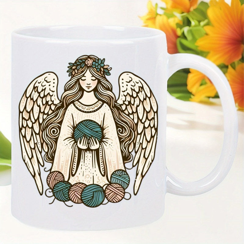 Tailorly White Ceramic 11 oz Mug - Serene Heavenly Figure With Beautiful Wings Holding Decorative Balls Of Yarn Angel