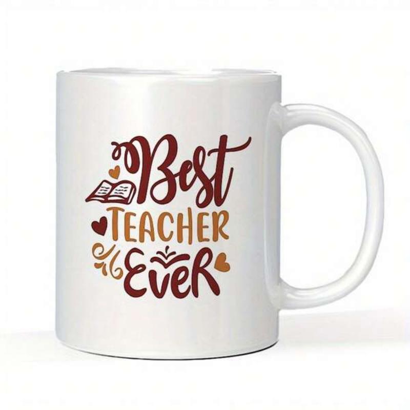 Tailorly White Ceramic 11 oz Mug - Best Teacher Ever Artistic Open Book With Small Hearts And Decorative Elegant Swirls Mug
