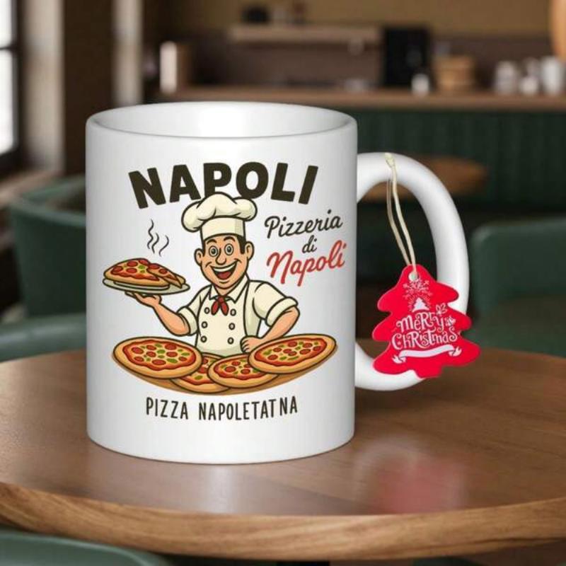 Tailorly White Ceramic 11 oz Mug - Napoli Pizzeria Di Napoli Pizza Napoletana Cheerful Italian Chef Holding Delicious Fresh Pizzas Within A Vintage Style Chef