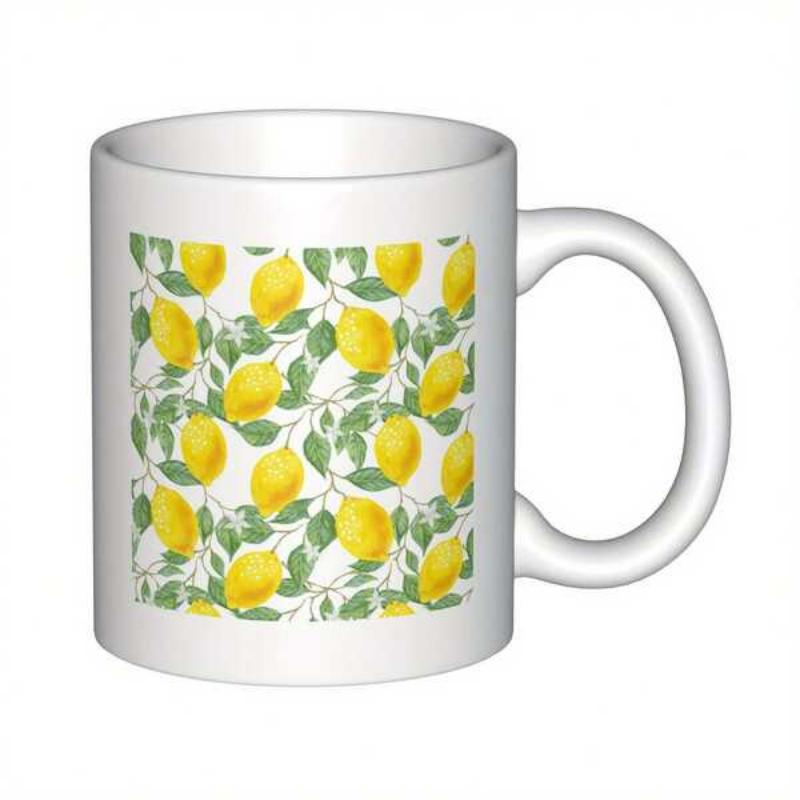 Tailorly White Ceramic 11 oz Mug - Vibrant Watercolor Pattern With Fresh Yellow Citrus And Green Leaves Lemon