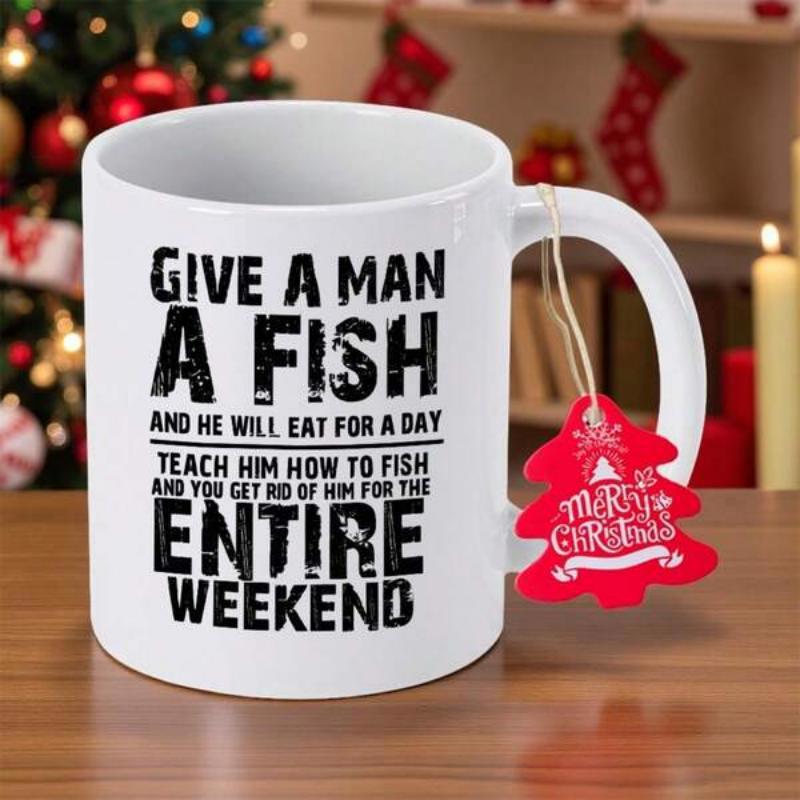 Tailorly White Ceramic 11 oz Mug - Give A Man A Fish Bold Distressed Typography Set Against A Minimalist White Background Sign