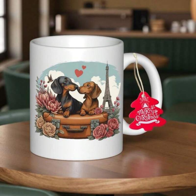Tailorly White Ceramic 11 oz Mug - Merry Christmas Cute Dachshunds Sitting On Vintage Suitcase In Paris With Eiffel Tower Roses Dachshund
