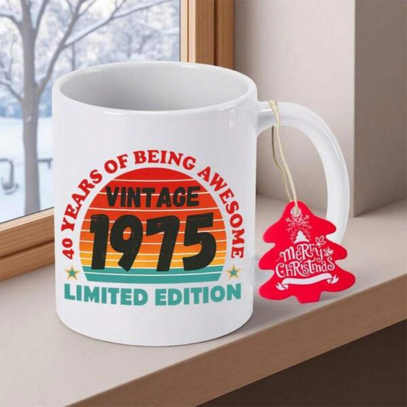 Tailorly White Ceramic 11 oz Mug - 40 Years Of Being Awesome Vintage 1975 Limited Edition Merry Christmas Vibrant Retro Striped Sunset Circle With Stars And
