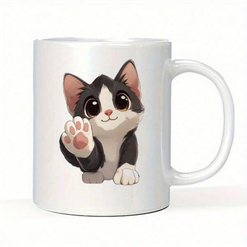Tailorly White Ceramic 11 oz Mug - Playful Cartoon Tuxedo Kitten Waving Its Tiny Paw With Friendly Eyes Kitten
