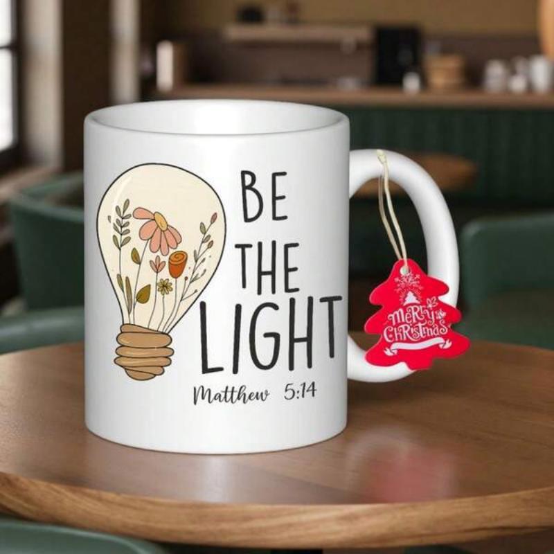 Tailorly White Ceramic 11 oz Mug - Be The Light Matthew 5 14 Artistic Lightbulb Shape Filled With Hand Drawn Colorful Garden Flowers Lightbulb