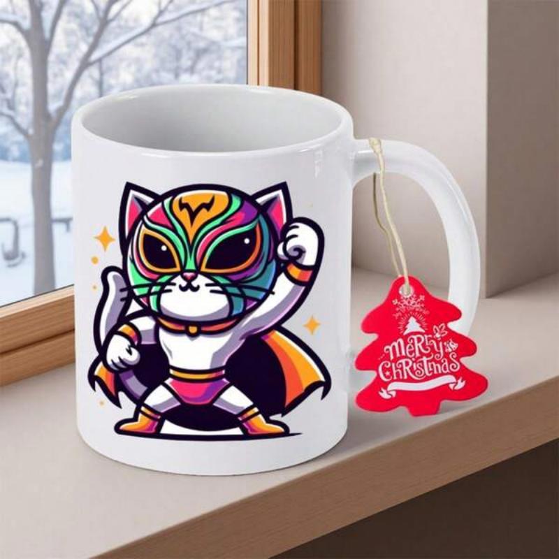 Tailorly White Ceramic 11 oz Mug - Merry Christmas Heroic Warrior Cartoon Wearing A Colorful Luchador Mask Flowing Cape Cat