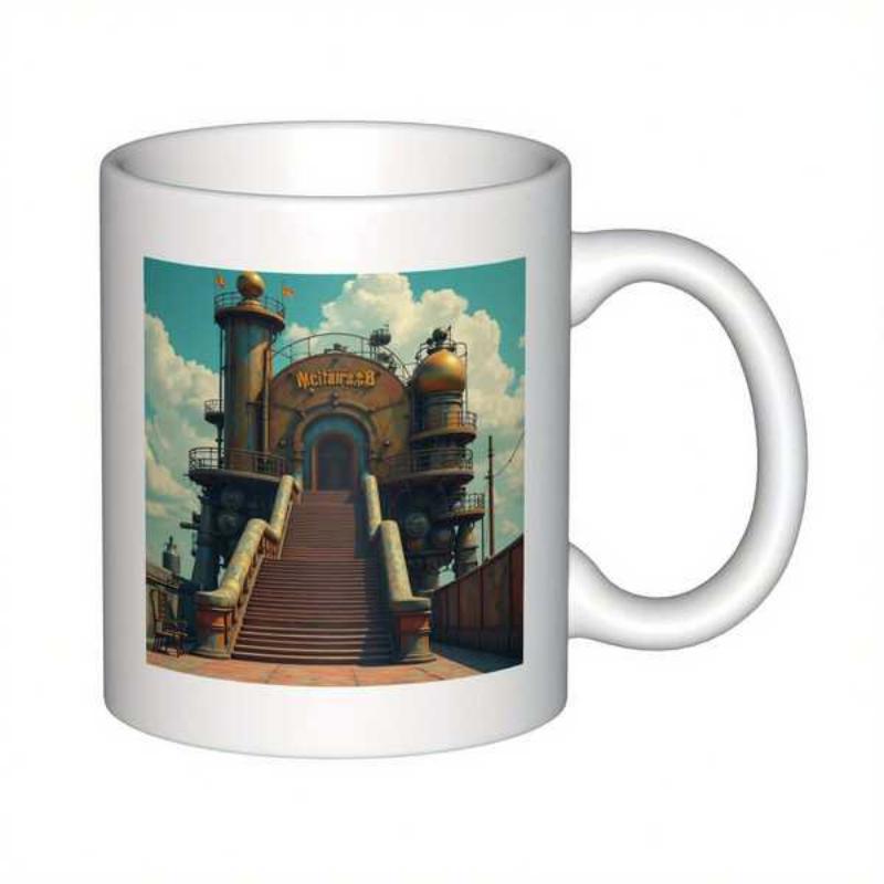 Tailorly White Ceramic 11 oz Mug - Whimsical Steampunk Industrial Structure With Grand Staircase Under Fluffy White Clouds Building