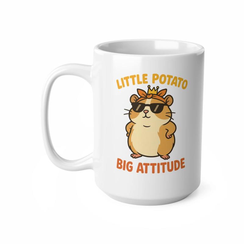 Tailorly White Ceramic 11 oz Mug - Little Potato Big Attitude Charming Cartoon Hamster Wearing Stylish Sunglasses With A Tiny Golden Crown Hamster
