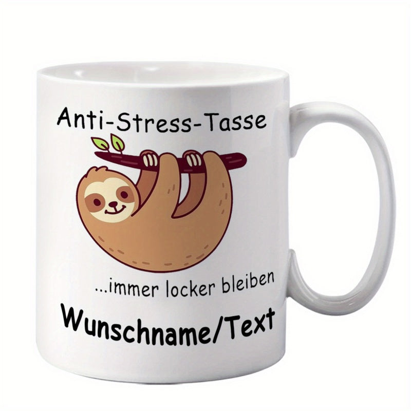 Tailorly White Ceramic 11 oz Mug - Smiling Adorable Cartoon Animal Hanging From A Textured Brown Tree Branch Sloth
