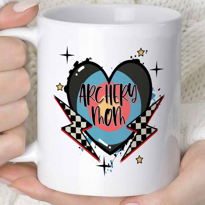 Tailorly White Ceramic 11 oz Mug - Archery Mom Heart Shaped Archery Target With Checkered Lightning Bolts And Stars Heart