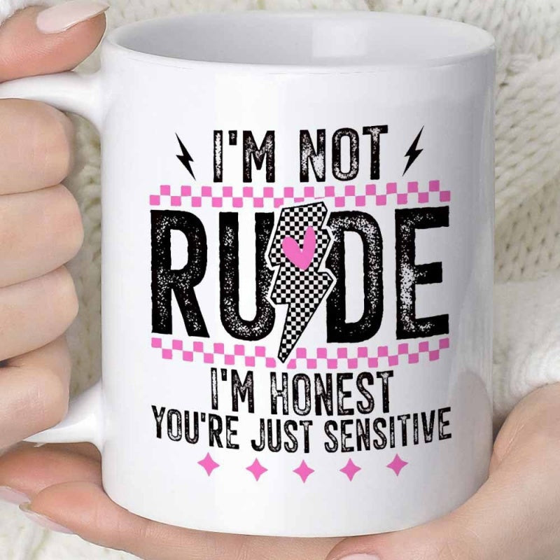 Tailorly White Ceramic 11 oz Mug - Im Not Rude Im Honest Youre Just Sensitive Distressed Typography Featuring Pink Checkered Patterns And Lightning Bolt Mug