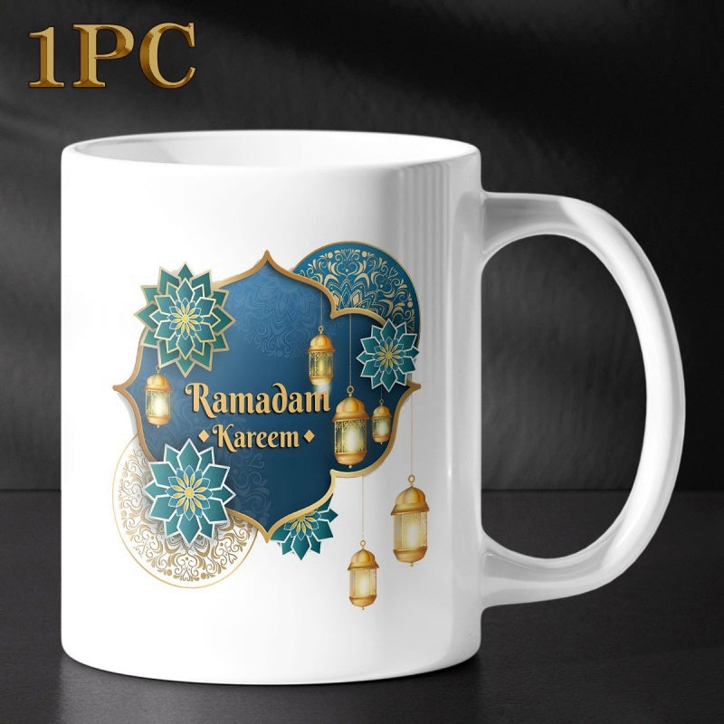 Tailorly White Ceramic 11 oz Mug - Ramadan Kareem Hanging Golden Lanterns With Teal Floral Mandalas Around Ornate Arch Pattern