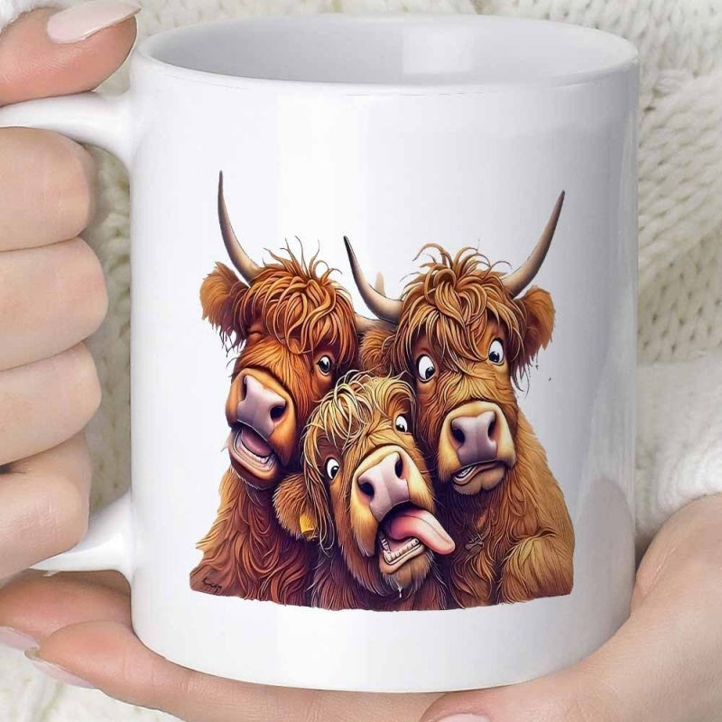 Tailorly White Ceramic 11 oz Mug - Funny Three Brown Shaggy Highland Animals With Long Horns And Silly Expressions Cow