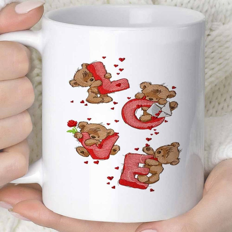 Tailorly White Ceramic 11 oz Mug - Love Adorable Little Brown Teddy Bears Holding Large Red Letters Among Hearts Teddy Bear