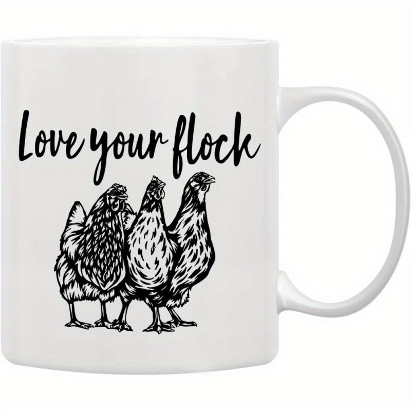 Tailorly White Ceramic 11 oz Mug - Love Your Flock Detailed Black Ink Sketch Hens Standing Together In Rustic Farm Style Chicken