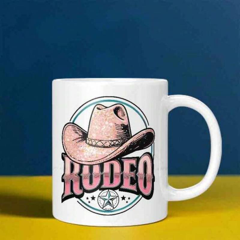 Tailorly White Ceramic 11 oz Mug - Rodeo Stylish Pink Western Headwear Resting Inside A Circular Frame With Stars Hat