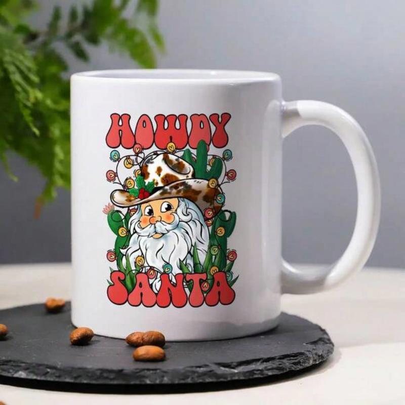 Tailorly White Ceramic 11 oz Mug - Howdy Santa Festive Western Style Illustration Wearing Cow Print Hat Among Desert Cacti Santa