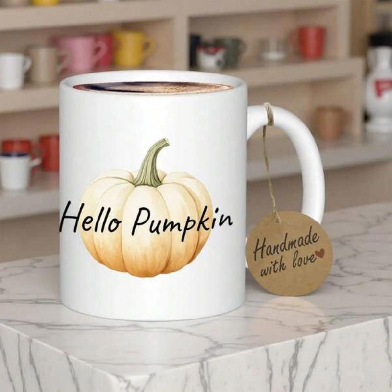 Tailorly White Ceramic 11 oz Mug - Hello Pumpkin Elegant Artistic Watercolor Style Creamy White Harvest Themed Seasonal Pumpkin