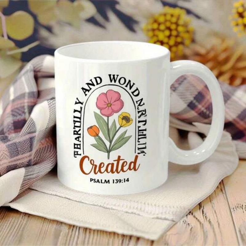 Tailorly White Ceramic 11 oz Mug - Fearfully And Wonderfully Created Psalm 139 14 Blooming Wildflowers With Green Leaves Inside Minimalist Arch Flower