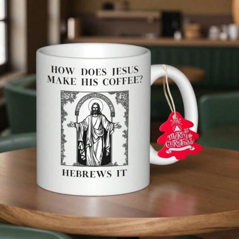 Tailorly White Ceramic 11 oz Mug - How Does Jesus Make His Coffee Hebrews It Classic Religious Illustration Of Savior Standing Under Ornate Archway Jesus