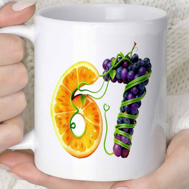 Tailorly White Ceramic 11 oz Mug - Vibrant Orange Slices And Purple Grapes Forming Number Sixty Seven Fruit